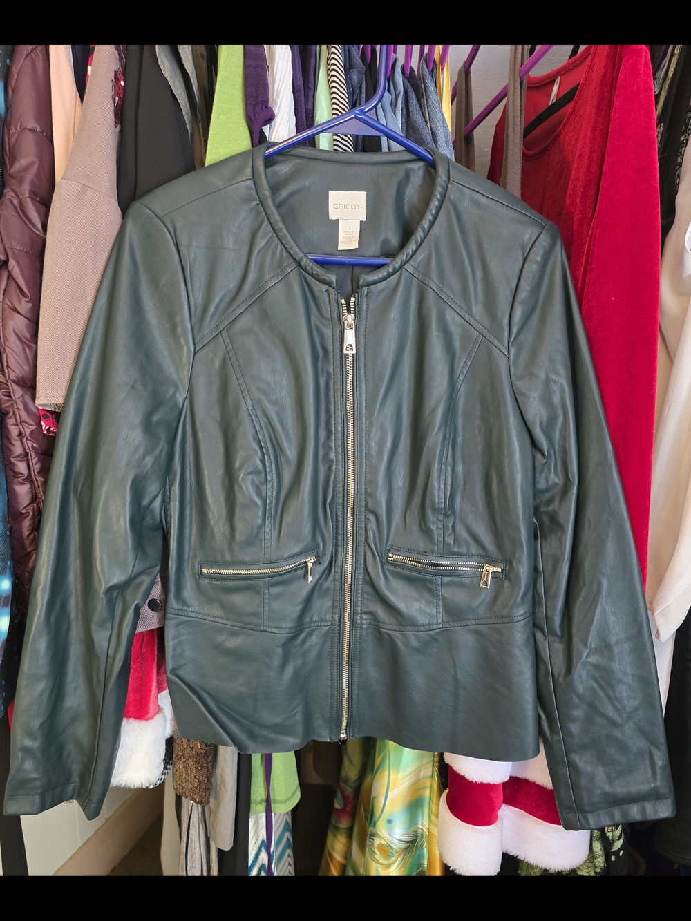 Chico's Forest Green Faux Leather Zip-Front Jacket